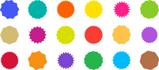Sticker starburst shape, colorful badge star, sale round vector icon, price circle, sun label, color tag isolated on white background. Award and medal, achievement collection. Simple illustration