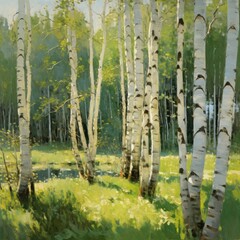 Fototapeta premium Impressionism wall art poster of sunny forest in style of oil painting art