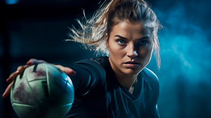 Focused female handball player in action, intense indoor game moment.
