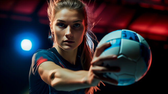 Focused female handball player in action, intense indoor game moment.
