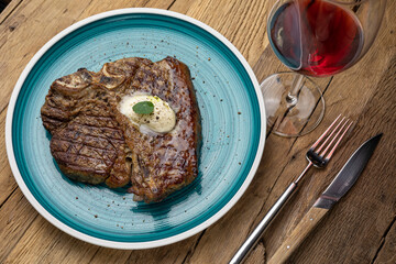 Perfect Grilled T-Bone Steak. Close-up
