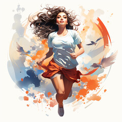 Obraz na płótnie Canvas Young attractive plus size overweight cartoon woman doing sport, running in the city park . AI Generative