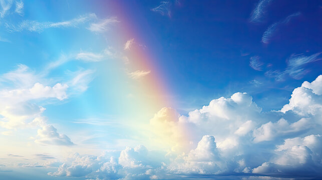 Blue sky with white clouds and rainbow. Panoramic image.