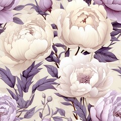 Retro cream peony seamless pattern, accented with light lavender shades