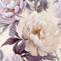 Retro cream peony seamless pattern, accented with light lavender shades