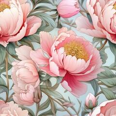A seamless pattern of retro peony in soft pastels