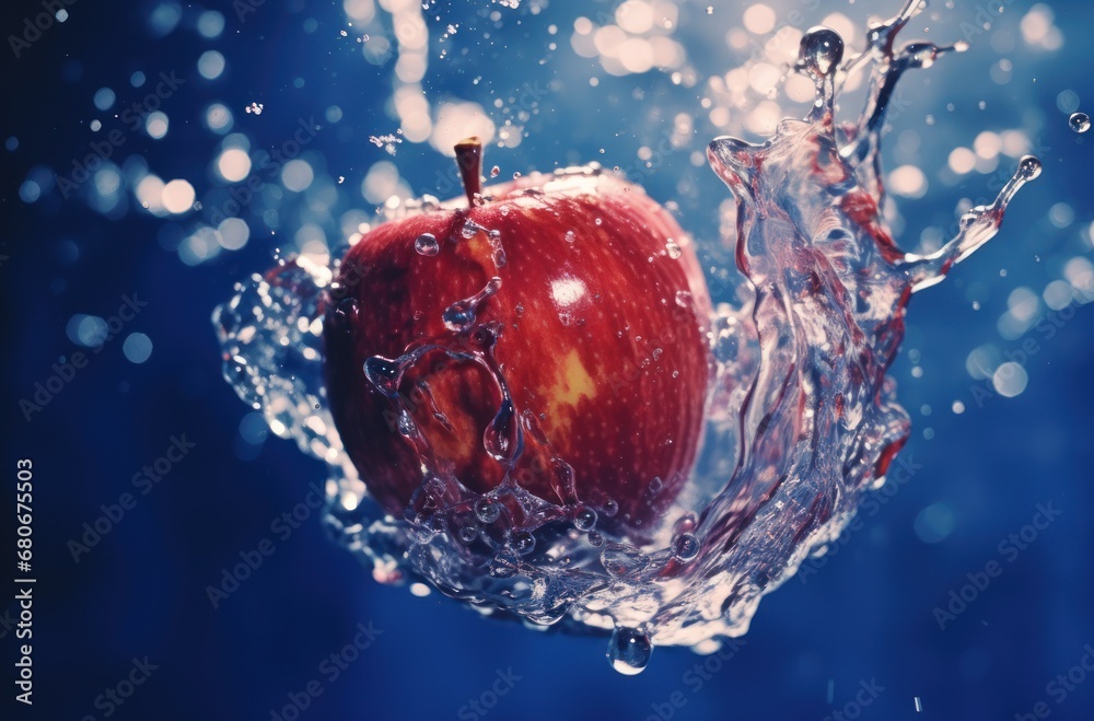 Sticker  an apple with water splashing on it and a red apple with a bite taken out of it, on a blue background.