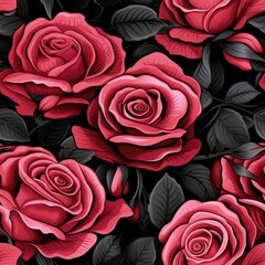 Line art pink roses seamless pattern