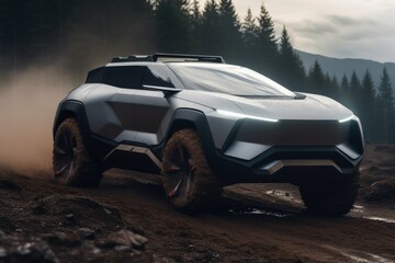 Fototapeta na wymiar A futuristic sports SUV driving in wild terrain.