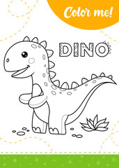 Coloring page for kids with cartoon dino.
A printable worksheet, vector illustration.