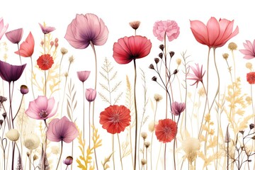 Obraz premium Abstract multicolor floral seamless pattern texture on a plain background. Beautiful flowers, leaves. Vector, wallpaper or banner. Great for children, birth, celebration card. Generative AI, AI