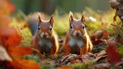 Naklejka na ściany i meble Two squirrels sitting on a log and eating nuts in autumn forest