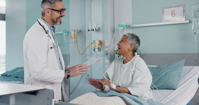 Hospital, doctor and woman high five for success with ventilation tube for oxygen, medical service and care. Healthcare, happy and mature person celebrate for surgery recovery, wellness and healing