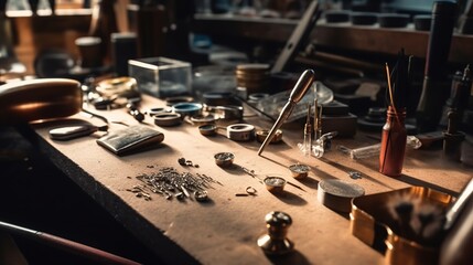 Jeweler working in his workshop. Jewelry making process