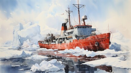 Icebreaker on an Arctic expedition mission, watercolors.