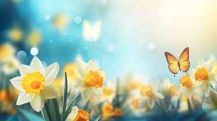 Fototapeta na wymiar Easter spring flower background; fresh flower and yellow butterfly 