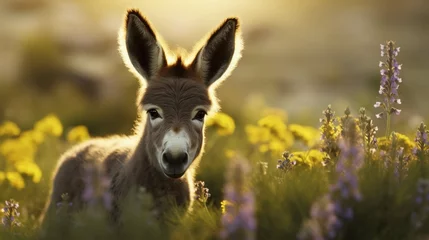 Deurstickers A baby donkey in a green field with yellow flowers, in the style of light purple and light black, darkly comedic © Amal