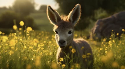 Fotobehang A baby donkey in a green field with yellow flowers, in the style of light purple and light black, darkly comedic © Amal