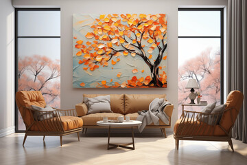modern living room Autumn leaves fall gracefully painting 