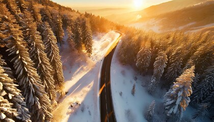 Road in snow covered forest, top down aerial view. Top aerial view of snow mountain landscape with trees and road.	