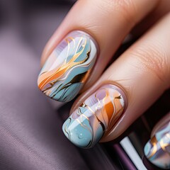 A set of beautifully decorated nails with gel polish, vibrant, stylish, intricate, glamorous - obrazy, fototapety, plakaty