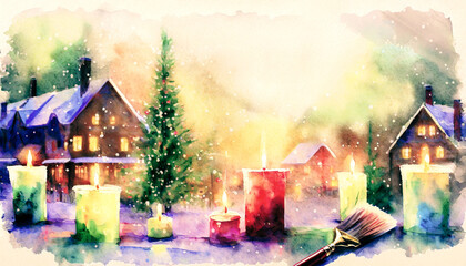Vintage, classic watercolor greeting card for Christmas. village scene with burning candles and a wet paintbrush;  banner format of holiday greetings; copy space.