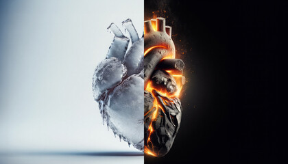Cold vs burning heart concept, lack of feelings vs burning desire, ice vs fire, human emotional contrast - obrazy, fototapety, plakaty