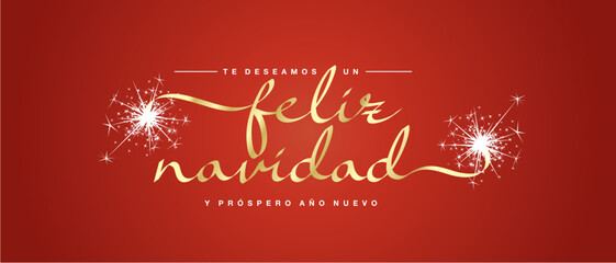Fototapeta na wymiar Merry Christmas and Happy New Year 2024 Spanish language unique modern ribbon calligraphic text with sparkler firework gold red color background