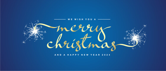 Merry Christmas and Happy New Year 2024 unique modern ribbon calligraphic text with sparkler firework gold blue color background - obrazy, fototapety, plakaty