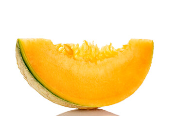 One sweet slice of organic melon, close-up, on a white background.