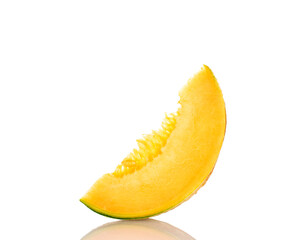 One sweet slice of organic melon, close-up, on a white background.