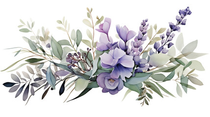 Obraz na płótnie Canvas Watercolor eucalyptus leaves and lavender flower bouquet, isolated bunch of flowers for decoration on transparent. Generative AI