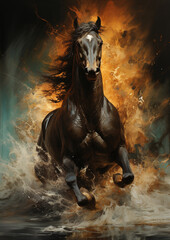 Horse gallops on the dust, epic moment. Freedom horse running in the dark background. AI Generative