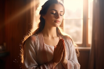 Religious woman praying in church. Young woman meditating on a bench in church. Woman has clasped hands in prayer in the Christian church. - obrazy, fototapety, plakaty