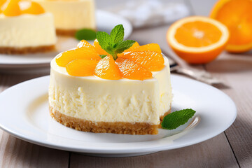 A peace of creamy mandarin clementine cheese cake on white plate