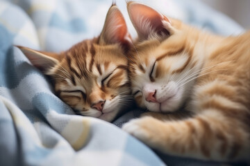 Two small ginger domestic kittens sleeping hugging each other at home