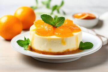 A peace of creamy mandarin clementine cheese cake on plate - obrazy, fototapety, plakaty