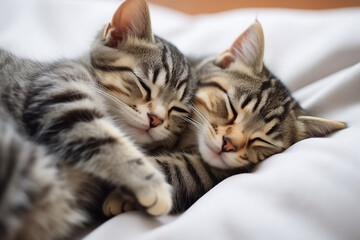 Naklejka na ściany i meble Two small striped domestic kittens sleeping hugging each other, lying on bed white blanket funny pose. Cute adorable pets cats