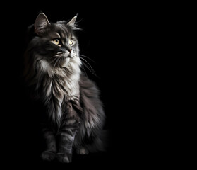 Naklejka na ściany i meble Close-up of gray fluffy cat on a black background with copy space