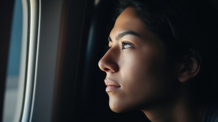 Close up modern Girl sits on an airplane and looks thoughtfully out the window.