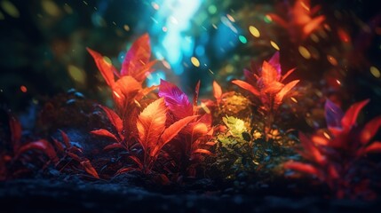Naklejka na ściany i meble Fantasy landscape with plants and neon lights. 3d illustration