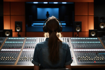 female sound engineer wearing headphone working on music track in recording studio using audio mixer