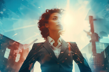 Super strong successful business woman. Mental strength, determination, and people power, positive thinking concept. Double exposure.