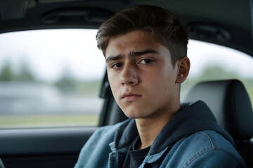 handsome young boy in a car looking sad and lonely