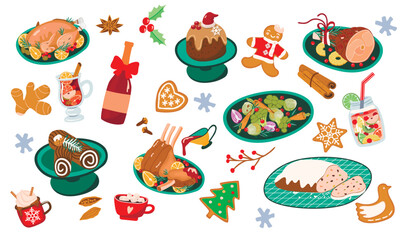 Christmas food collection for winter holidays party.Turkey, roast beef, ham, vegetables, stollen, pudding, cake, gingerbread and hot drinks.Mulled wine with fruits.Vector flat isolated illustration. 