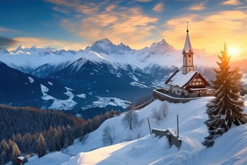Austrian ski resort in the mountains view with ancient chapel - obrazy, fototapety, plakaty