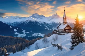 Foto op Canvas Austrian ski resort in the mountains view with ancient chapel © lublubachka