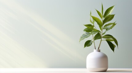  a white vase with a green plant in it on a white table in front of a light green wall with a shadow from the back of the vase on the wall.