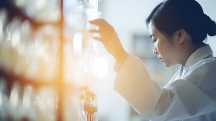 Asian lab technician analyzing test samples, blurred background of lab equipment