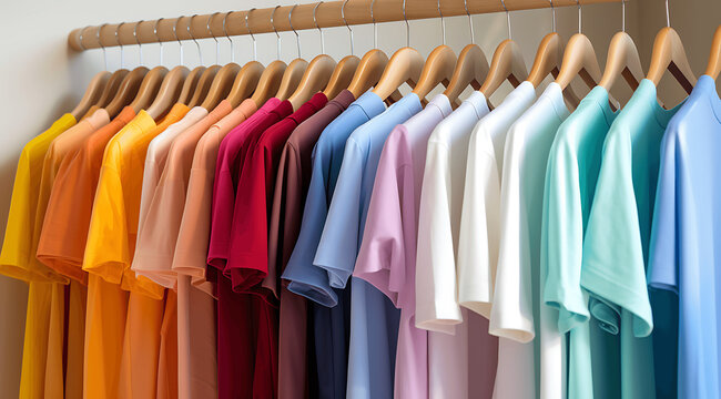 Camisetas de muchos colores colgadas en perchas